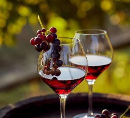 Two glasses of red wine with a bottle on a wooden barrel in the vineyard